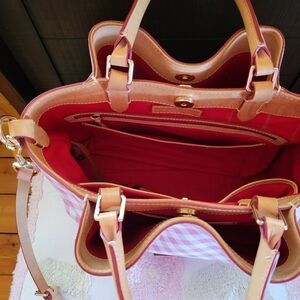 Gingham Pink Shoulder Tote with Tan Trim